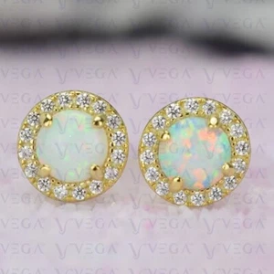 3.48Ct Round Shape Natural Opal & Diamond Stud Earring 14K Solid Yellow Gold - Picture 1 of 9
