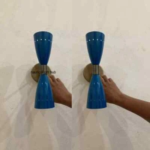 Mid Century 1950's Brass Italian Blue Wall Dual Sconce Lights Fixture 2Bulb Pair - Picture 1 of 3