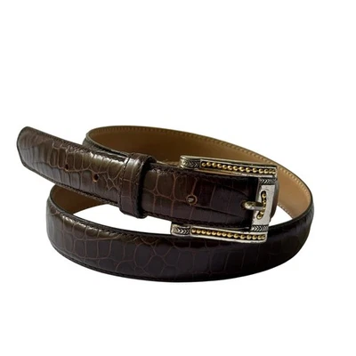 Vintage Talbots Women’s L Leather Croc Embossed Brown Gold Silver Buckle Italy  - Image 1 of 4