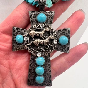 Chunky Turquoise Beaded Cross Necklace w/ Horses – Silver Tone Western Boho 20" - Picture 1 of 10