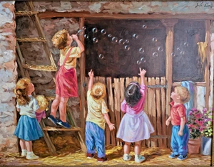 JOSE LULL Original Ölgemälde Spielende Kinder im Hof "Pompas de Jabon" - Bild 1 von 11