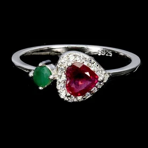 925 Sterling Silver Ring Heart Ruby 5mm Emerald Natural Gemstone Jewelry Sz 8.5 - Picture 1 of 13