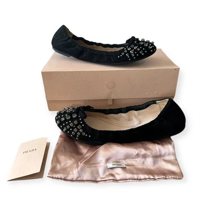 Prada Black Suede Jeweled Ballet Flats, size 39 EU, Original box, dust bag - Image 1 of 4