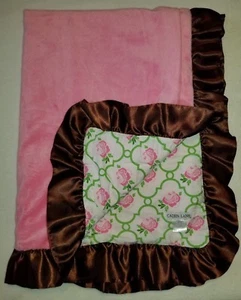 Caden Lane Londyn Rose Lattice Pink Velour Baby Blanket Brown Satin Ruffle Trim - Picture 1 of 4