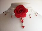 Red flower choker, Beautiful for Valentines Day, 11" long w/3 inch ex chain