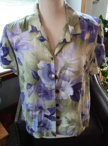 CARIBBEAN JOE PETITE PM PURPLE/GREEN FLORAL BUTTON UP SHIRT 100% RAYON - Picture 1 of 6