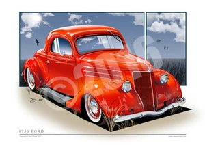 1936 Ford Art Print - Old Ford Car Drawing By Unique Autoart - Picture 1 of 4