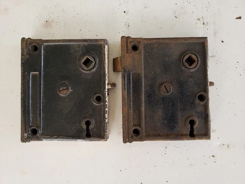 2- Matching Antique Salvage Cast Iron Rim Surface Door Locks Restoration / Parts Cover