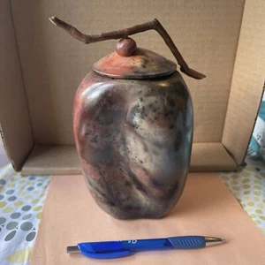 Andy Smith North Carolina pottery Japanese MCM Raku Vase vessel with twig lid - Picture 1 of 9