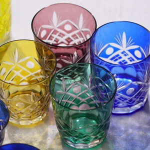 A Set Edo Kiriko Glass Handmade Whisky Drinking Glasses Green Purple Yellow Blue - Picture 1 of 9