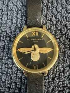 Olivia Burton London Watch Black Leather Band gold tone Queen Bee New Battery - Picture 1 of 4