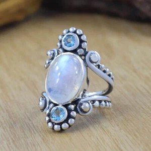 Moonstone & Aquamarine Ring 925 Sterling Silver Ring Gemstone Ring Women's Ring - Picture 1 of 6