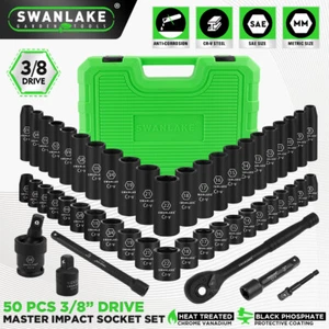 SWANLAKE 50Pc 3/8" Impact Socket Wrench Set SAE Metric w/t Extension Bar Adaptor - Picture 1 of 11