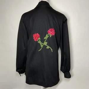 Vintage Applikation bestickt Medium ? Schwarze Jacke mit Kragen Pin Up mit Blumen Rosen - Bild 1 von 6