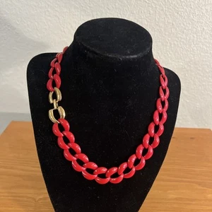 VTG Signed NAPIER Necklace Gold Tone Red Metal Enamel Chunky Chain Link 17.5” - Picture 1 of 7