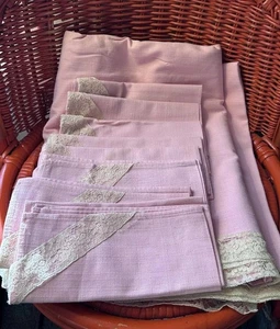 Mid Century Simtex Tablecloth /8 napkins Pink with lace Made in USA, 82/62 inch - Picture 1 of 11