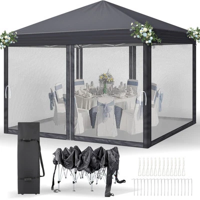OUTVITA 3x3m Faltpavillon Pop Up Pavillon Partyzelt Eventzelt mit 4 Moskitonetzen Grau