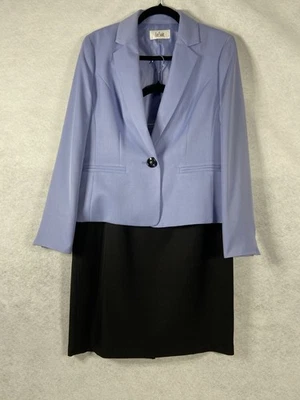 Le Suit 2PC 裙子套装女式 10 蓝色黑色西装纽扣长袖二手状况完好 — 第 1/4 张图片