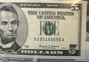 (NEAR SOLID!)$5 Binary Near Solid 5s 7 Of A Kind Fancy Serial Number - UNC - Picture 1 of 8