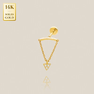 Cadena de caída triángulo barra curva circonita cúbica oro macizo real 14K parte posterior plana interna 18G Foto 1 de 4