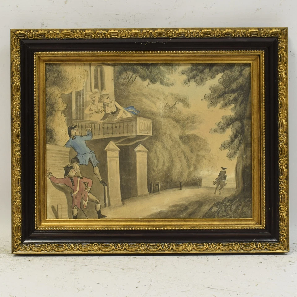 Environ 1850 Dessin ancienne Gouache scène de genre 42x34 cm - Photo 1/4