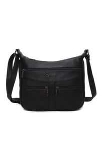 Women's Ladies Real Leather Handbag Long Shoulder Strap Black Travel Work Bag - Picture 1 of 4