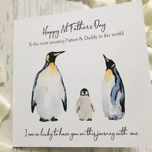 Personalised Penguin 1st Fathers Day Card Daddy Dad Grandad Birthday Father's - Picture 1 of 3