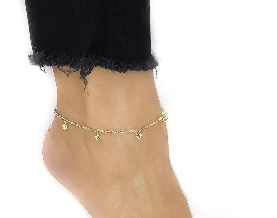 Tobillera ajustable de oro amarillo con corazones hinchados de lujo de oro 14k de 9 o 10 pulgadas Foto 1 de 1