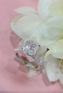 3Ct Cushion-Cut Lab Grown Diamond Solitaire Wedding Ring Solid 14k White Gold - Picture 1 of 6