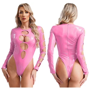 Women's Sexy Shiny Leather Bodysuit Cutout Leotard Long Sleeve Zipper Catsuit - Picture 1 of 37