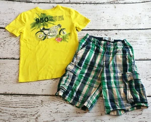 GAP KIDS 6 7 Yellow Green Motorcycle Tee & Plaid Shorts EUC  6-7 - Picture 1 of 3