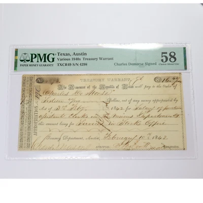 SIGNED 1842 PMG UNC 58 Charles Demorse Republic of Texas Treasury Warrant 47776F - Image 1 of 4