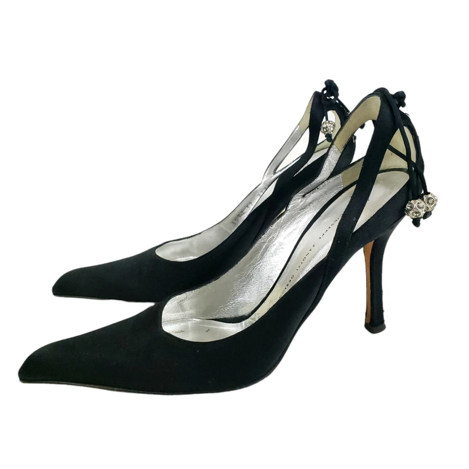 Giuseppe Zanotti черный атласное платье каблуки шнурует вверх каблук со стразами мяч акцент 37 - Изображение 1 из 4
