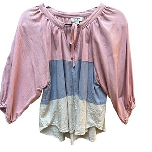 Umgee Colorblock Top Pink Blue Balloon Sleeve Linen Blend Loose Fit Boho Size L - Picture 1 of 5