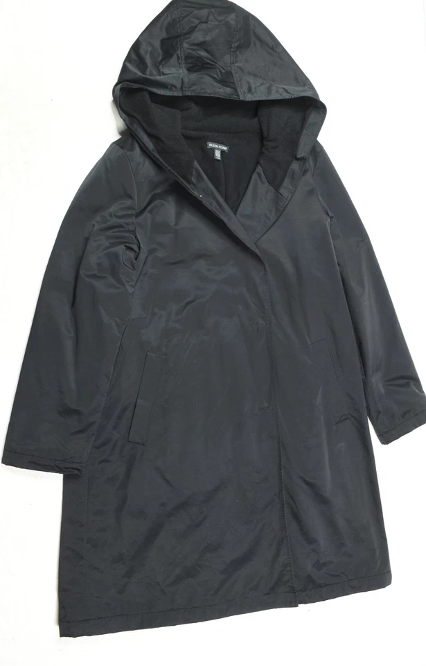 Chaqueta Eileen Fisher para mujer mediana negra manga larga capucha forrada de vellón a presión Foto 1 de 4