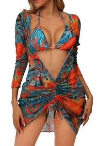 Womens 3 Pieces Bikini Sets Triangle Halter Swimsuits Thong Bottoms with Mesh... - Picture 1 of 7