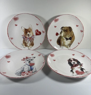 Juego 4 Platos de Ensalada Pier 1 Perro Día de San Valentín Bulldog Terrier Corgi Beagle Foto 1 de 4