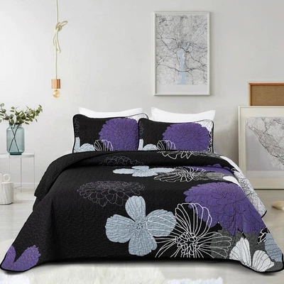 Purple Floral Quilt Set Queen Size - 3 Pieces Purple Flower Pattern Coverlet ... Foto 1 de 4