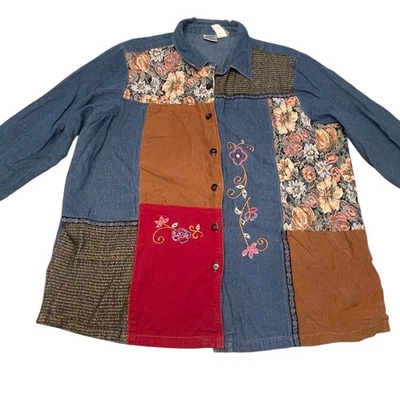 Camisa Main Street Blues Denim Patchwork Floral Bordado Tapiz 20W De Colección Foto 1 de 4