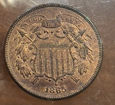 1865 2 Cent Piece Fancy 5 UNC RB, Great Eye Appeal, Nice Luster, See Photos - Image 1 of 4