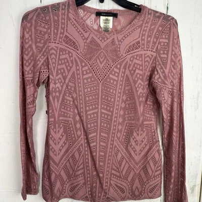 Blusa BCBG Max Azria M rosa empoeirada renda transparente rede gótica rock chique LS - Imagem 1 de 4