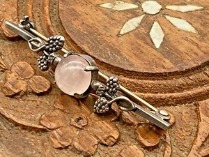 Vintage Polished Pink Quartz Brooch Pin Bar Design Sterling Solid Silver 4.86g - Picture 1 of 10