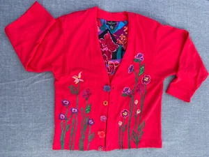 Carole Little Medium Sport Cardigan Jacket Womens Floral Embroidered Buttons Red - Picture 1 of 24