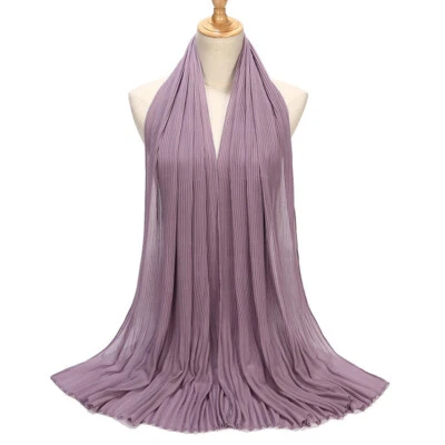 High Quality Solid Pleated Chiffon Long Scarf Hijabs Elegant Women Turban Shawls - Image 1 of 4