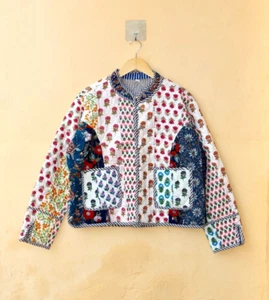 Handmade Cotton Quilted Jacket Patchwork Kimono Style Kantha Women's Boho Coat - Picture 1 of 10