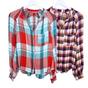 Anthropologie Pilcro Womens lot of 2 Plaid Flannel Ruffle Blouse Button Up Small - Bild 1 von 15