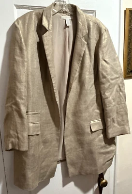Chicos Blazer Boyfriend Jacket Beige Linen w Metallic Gold Shimmer Sz 2 US L EUC - Image 1 of 4