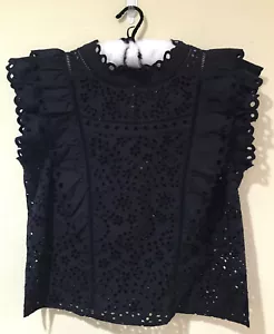 Veronica Beard Jie Ruffle Eyelet Ruffle Blouse Top Sz 12 Black Keyhole NEW B8 - Picture 1 of 7