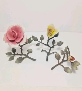 3x Vintage Capodimonte Porcelain Roses with Metal Stems - Made in Italy - Picture 1 of 13
