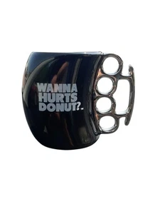 Wanna Hurts Donut Brass Knuckle 12oz. Coffee Mug Novelty Black W/Silver Nuckles - Picture 1 of 2